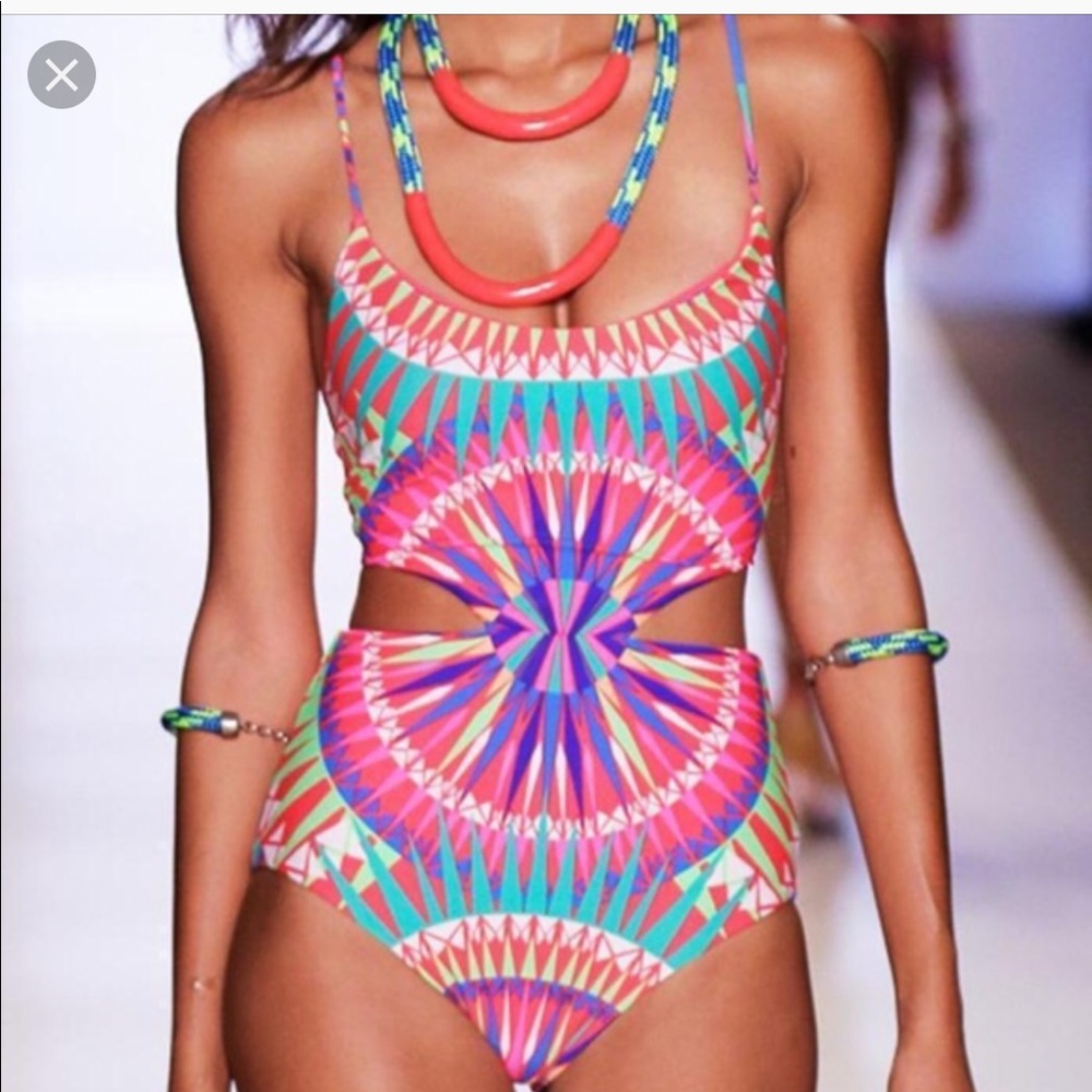 Mara Hoffman Bright Pink & Turquoise Geometric Cutout One-Piece